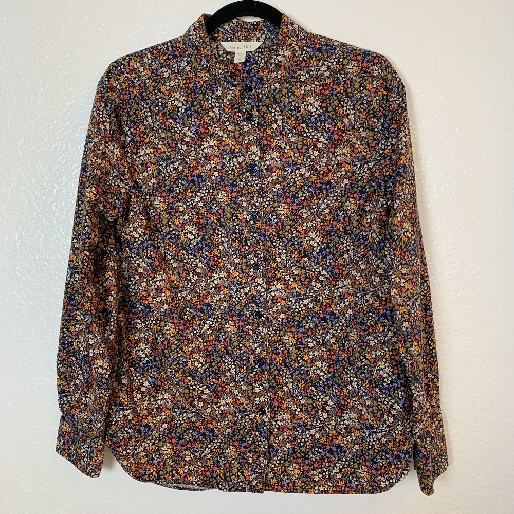 Garnet Hill Womens Button Up Shirt Size 8 Black Ditsy Floral Long Sleeve Cotton
